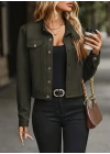 Kadın Uzun Kollu önden Düğmeli Kısa Süet Ceket