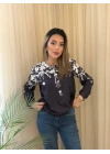 Kadın Uzun Kollu önden Fermuarlı çiçek Desenli şardonlu Dalgıç Bluz