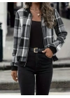 Kadın Uzun Kollu önden Fermuarlı Ekose Desenli Ceket