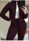 Kadın Uzun Kollu önden Fermuarlı Kısa Modal Mor Ceket Ve Pantolon Ikili Takım