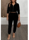 Kadın Uzun Kollu önden Fermuarlı Krop Kadife Ceket Ve Pantolon Ikili Takım