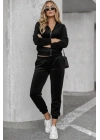 Kadın Uzun Kollu önden Fermuarlı Krop Kadife Ceket Ve Pantolon Ikili Takım