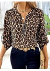 Kadın Uzun Kollu önden Fermuarlı Leopar Desenli Modal Bluz