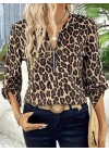 Kadın Uzun Kollu önden Fermuarlı Leopar Desenli Modal Bluz