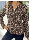 Kadın Uzun Kollu önden Fermuarlı Leopar Desenli Modal Bluz