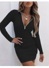Kadın Uzun Kollu önden Fermuarlı Mini Kaşkorse Elbise
