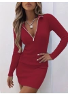 Kadın Uzun Kollu önden Fermuarlı Mini Kaşkorse Elbise