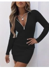 Kadın Uzun Kollu önden Fermuarlı Mini Kaşkorse Elbise