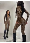 Kadın Uzun Kollu önden Fermuarlı Parmaktan Geçmeli Leopar Desenli Dalgıç Tulum