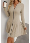 Kadın Uzun Kollu önden Fermuarlı Pileli şardonlu Kaşkorse Mini Elbise