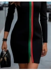 Kadın Uzun Kollu önden Tam Boy Fermuarlı Renkli şerit Detaylı Viskon Iki Iplik Mini Elbise
