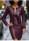 Kadın Uzun Kollu önü Açık Deri Ceket Ve Askılı Yuvarlak Yakalı Mini Elbise Ikili Takım