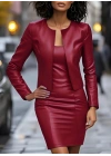 Kadın Uzun Kollu önü Açık Deri Ceket Ve Askılı Yuvarlak Yakalı Mini Elbise Ikili Takım