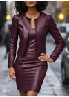 Kadın Uzun Kollu önü Açık Deri Ceket Ve Askılı Yuvarlak Yakalı Mini Elbise Ikili Takım