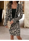 Kadın Uzun Kollu önü Açık Leopar Desen Modal Ceket Ve Etek Ikili Takım