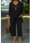 Kadın Uzun Kollu önü Açık Modal Ceket Kolsuz Viskon Iki Iplik Bluz Ve Pantolon üçlü Takım