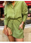 Kadın Uzun Kollu Salaş Gömlek Ve şort Keten Ikili Takım