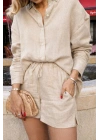 Kadın Uzun Kollu Salaş Gömlek Ve şort Keten Ikili Takım