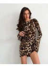 Kadın Uzun Kollu Sırtı Açık Bağlamalı Leopar Desenli Kısa Dalgıç Elbise