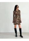 Kadın Uzun Kollu Sırtı Açık Bağlamalı Leopar Desenli Kısa Dalgıç Elbise