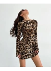 Kadın Uzun Kollu Sırtı Açık Bağlamalı Leopar Desenli Kısa Dalgıç Elbise