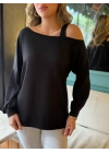 Kadın Uzun Kollu Tek Omuz Askı Detay Salaş Viskon Iki Iplik Bluz
