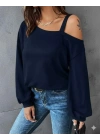 Kadın Uzun Kollu Tek Omuz Askı Detay Salaş Viskon Iki Iplik Bluz