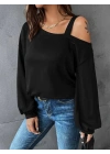 Kadın Uzun Kollu Tek Omuz Askı Detay Salaş Viskon Iki Iplik Bluz