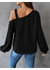 Kadın Uzun Kollu Tek Omuz Askı Detay Salaş Viskon Iki Iplik Bluz