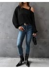 Kadın Uzun Kollu Tek Omuz Askı Detay Salaş Viskon Iki Iplik Bluz