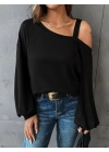 Kadın Uzun Kollu Tek Omuz Askı Detay Salaş Viskon Iki Iplik Bluz
