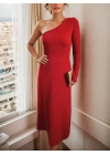 Kadın Uzun Kollu Tek Omuz Detay Krep Elbise