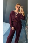 Kadın Uzun Kollu Tek Omuzdan Açık Viskon Iki Iplik Bluz Ve Pantolon Ikili Takım