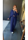 Kadın Uzun Kollu Tek Omuzdan Açık Viskon Iki Iplik Bluz Ve Pantolon Ikili Takım