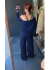 Kadın Uzun Kollu Tek Omuzdan Açık Viskon Iki Iplik Bluz Ve Pantolon Ikili Takım