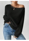 Kadın Uzun Kollu Tek Omuzu Açık Detaylı Triko Bluz