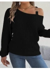 Kadın Uzun Kollu Tek Omuzu Açık Tokalı Triko Bluz