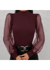 Kadın Uzun Kollu Tül Detaylı Yarım Balıkçı Yaka Kaşkorse Bluz