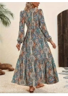 Kadın Uzun Kollu Uakadabağcıklı Beli Lastikli Desenli Uzun Süprem Elbise