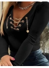 Kadın Uzun Kollu V çapraz Zincir Detaylı Kaşkorse Bluz