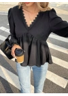 Kadın Uzun Kollu V Dantel Yaka Aerobin Bluz