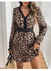 Kadın Uzun Kollu V Dantel Yakalı Leopar Desenli Modal Mini Elbise