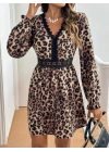 Kadın Uzun Kollu V Dantel Yakalı Leopar Desenli Modal Mini Elbise