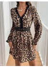 Kadın Uzun Kollu V Dantel Yakalı Leopar Desenli Modal Mini Elbise