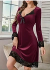 Kadın Uzun Kollu V Dantel Yakalı Mini Kadife Elbise
