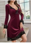 Kadın Uzun Kollu V Dantel Yakalı Mini Kadife Elbise