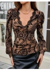 Kadın Uzun Kollu V Dantel Yakalı Modal Bluz