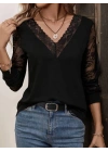 Kadın Uzun Kollu V Dantel Yakalı Viskon Bluz