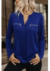 Kadın Uzun Kollu V Hakim Yaka Fermuar Detaylı Viskon Bluz