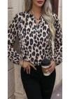 Kadın Uzun Kollu V Hakim Yakalı Leopar Desenli Süprem Bluz
